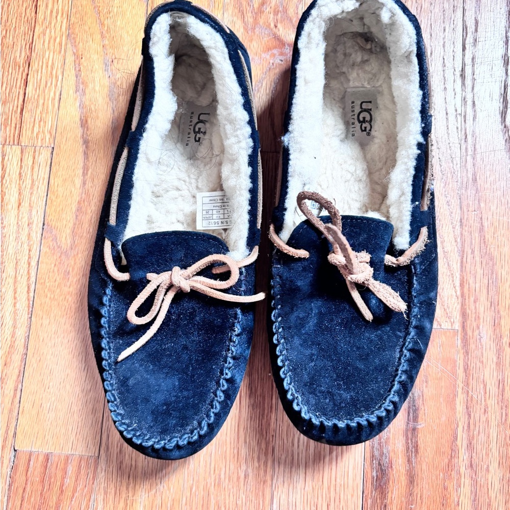 UGG Navy Suede Shearling Lined Moccasin Slippers with Brown Bow